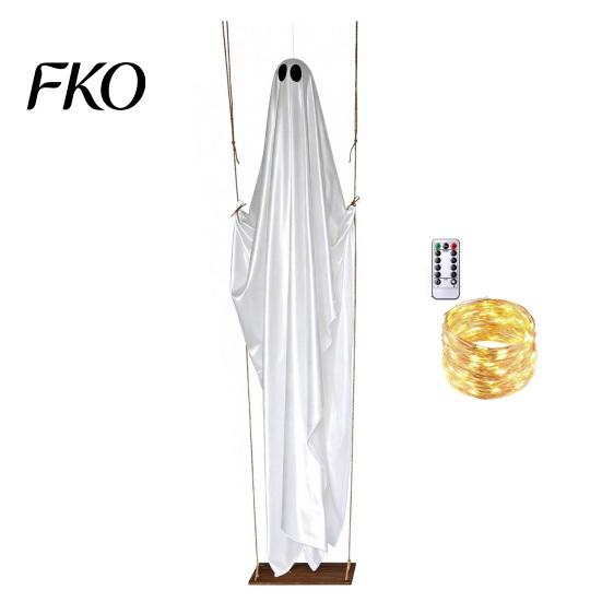 Holiday Garden Decor Hanging Swinging Ghost Halloween Decoration, LED Light Up Large Spooky Funny Yard Art with Remote Control for Outside Porch Tree,