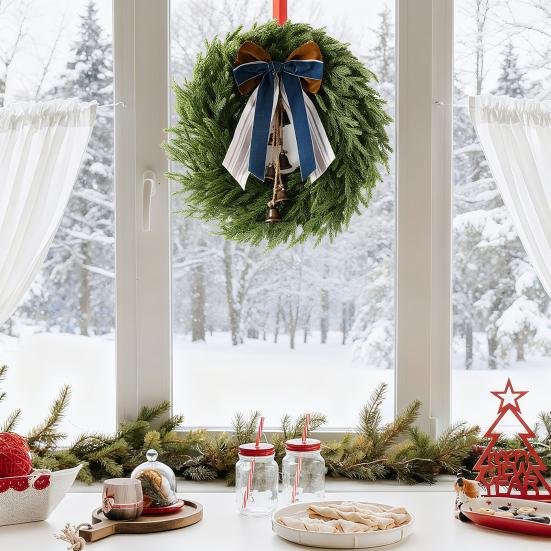 22 Inch Real Touch Christmas Wreath for Front Door Artificial Greenery Pine Cedar Wreath with Bells And Ribbon Bow for Home Porch Wall Window Decor