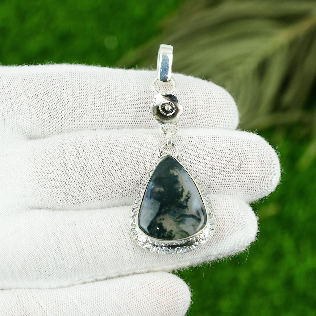 Natural Solar Moss Agate Gemstone Pendant 925 Sterling Silver Jewelry For Women