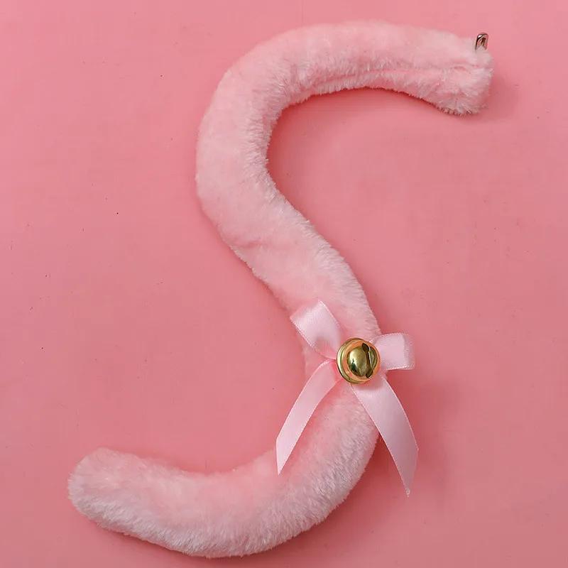 

Плюшевый длинный кошачий хвост с ленточным бантом и колокольчиком, плюшевые пушистые кошачьи ушки, головной убор, белое кружево, для женщин, девушек, для вечеринки, косплея розовый