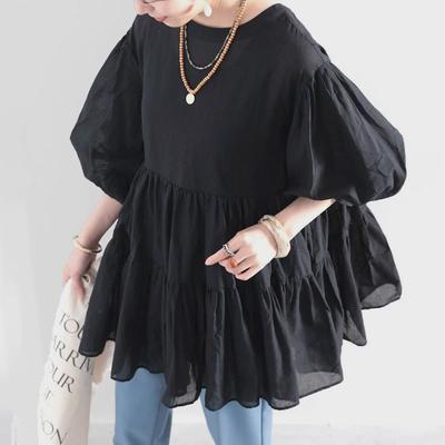 2024 Autumn Women's Solid Color Japanese Lantern Sleeve Pullover Shirt