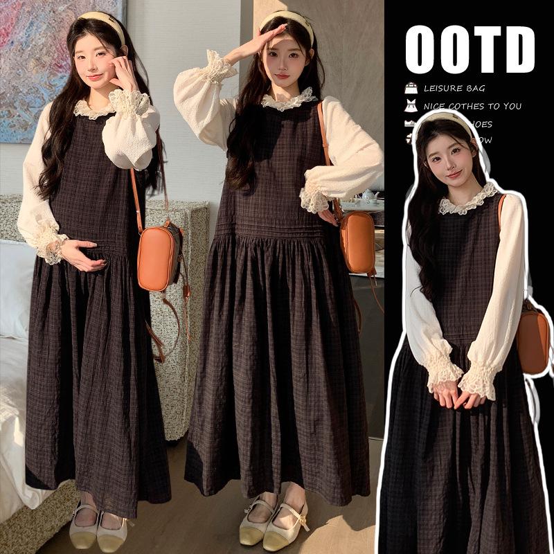 In Stock: 2026 Early Spring Lace Maternity Top & Retro Plaid Sleeveless Dress Set L