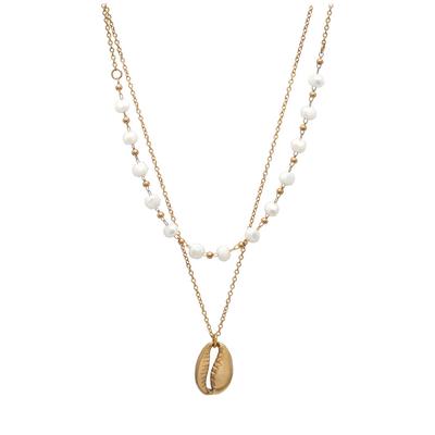 [Q8646] - Designer-Halskette „Cowrie“ aus Weißgoldstahl (2 Reihen) - 40/44 cm - 15 x 10 mm und 4 mm Perlen