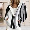 Women Plus Size Zip Up Drawstring Hoodie Long Sleeve Black White Geometric Printed With Pockets
