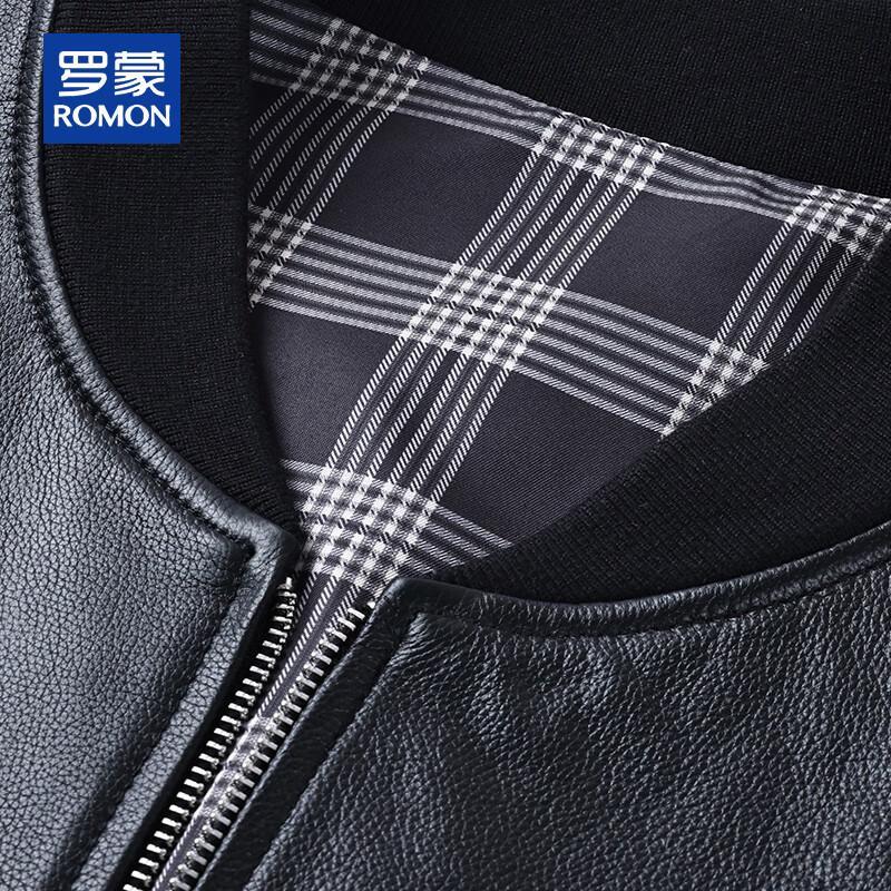 ROMON Men's Genuine Leather Baseball Collar Jacket