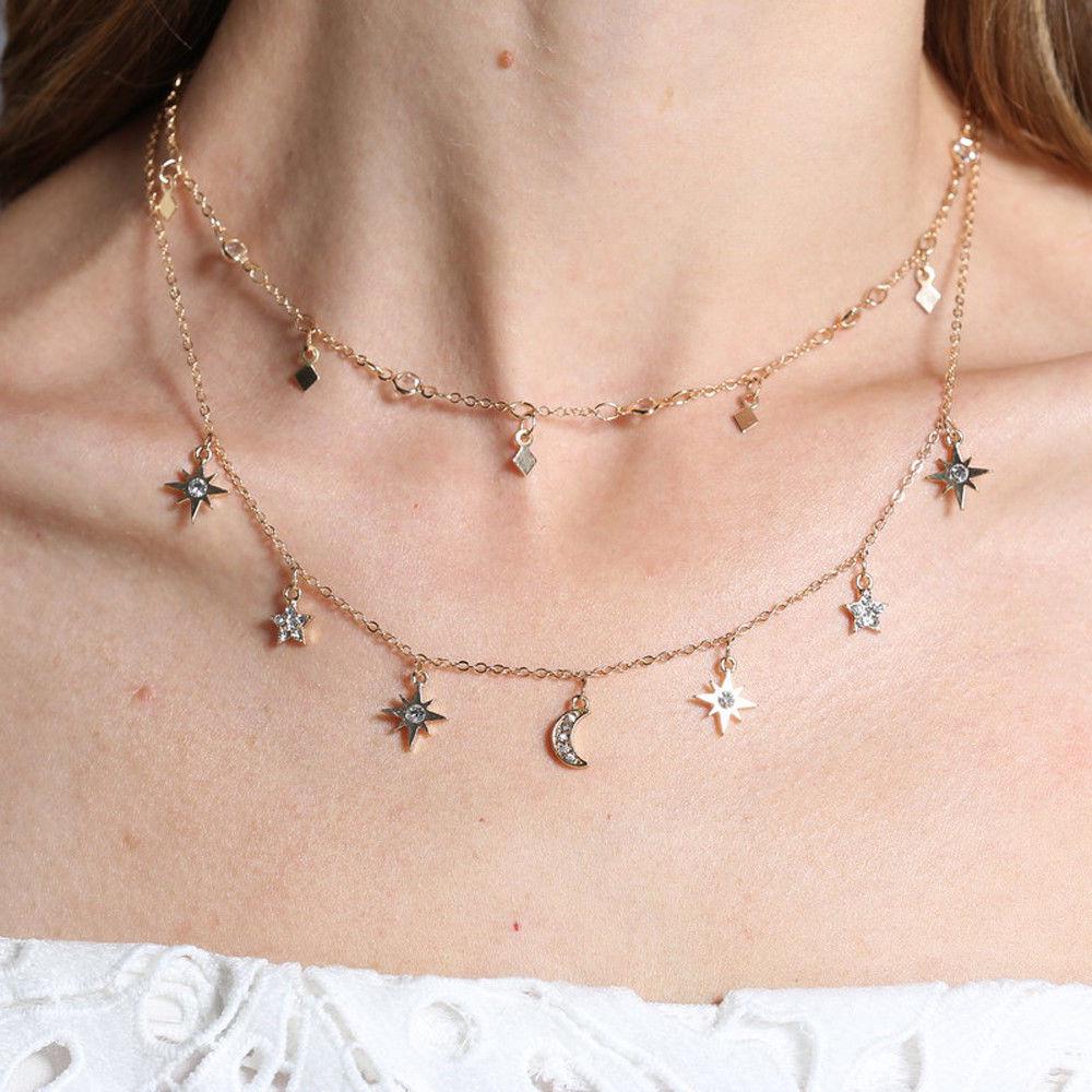 Fashion Multilayer Choker Necklace Star Moon Chain Gold Pendant Women Jewelry Fashion Multilayer Choker Necklace Star Moon Chain Gold Pendant Women Jewelry