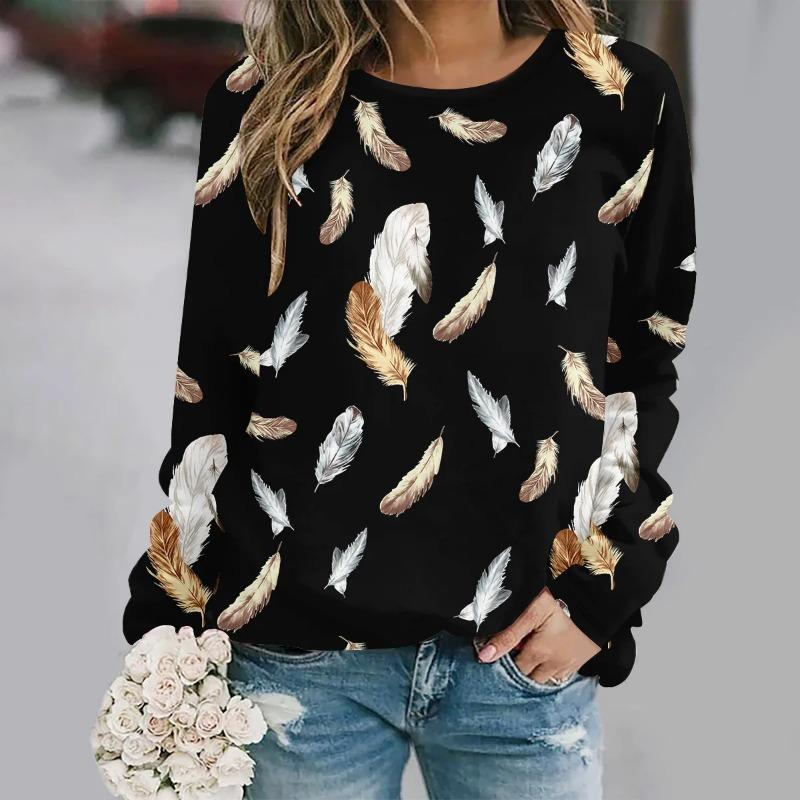 Fashionable round neck long sleeved printed elegant casual loose T-shirt XS