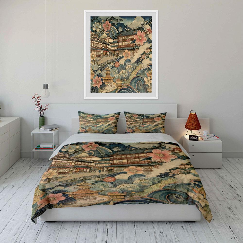 Japanese Landscape Three-Piece Set Decor Soft Comfortable Duvet Cover Bedding Set Included 1*Duvet Cover & 2*Pillowcases,Gift