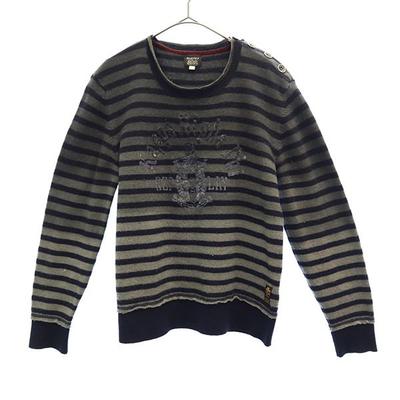 Wool Border Pattern Long Sleeve Sweater L Gray X Navy Knit Men's Used