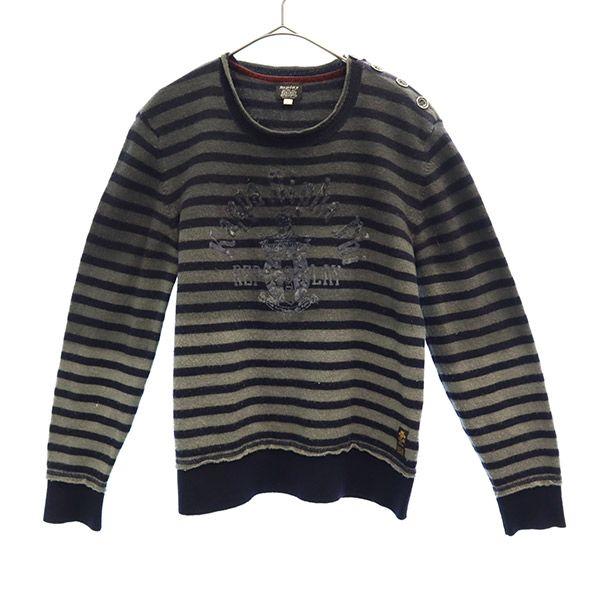 

REPLAY wool Border Pattern Long sleeve sweater L Gray x navy knit Men s Used