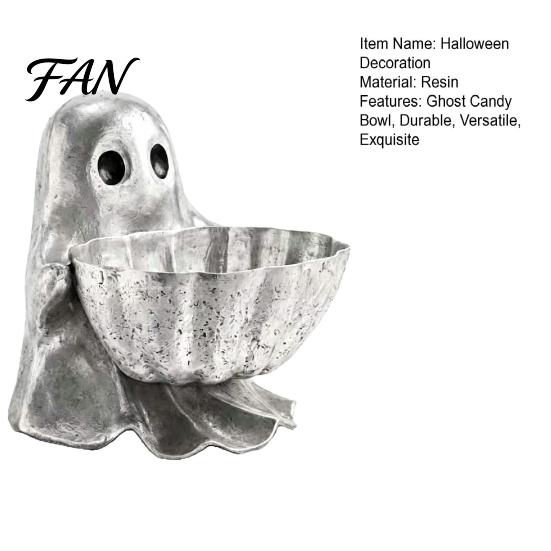 Small Item Organizer Halloween Ghost Candy Bowl, Resin Decorative Storage Dish, Silver Sculpture Gray Snack Holder, for Home Tabletop And Entryway