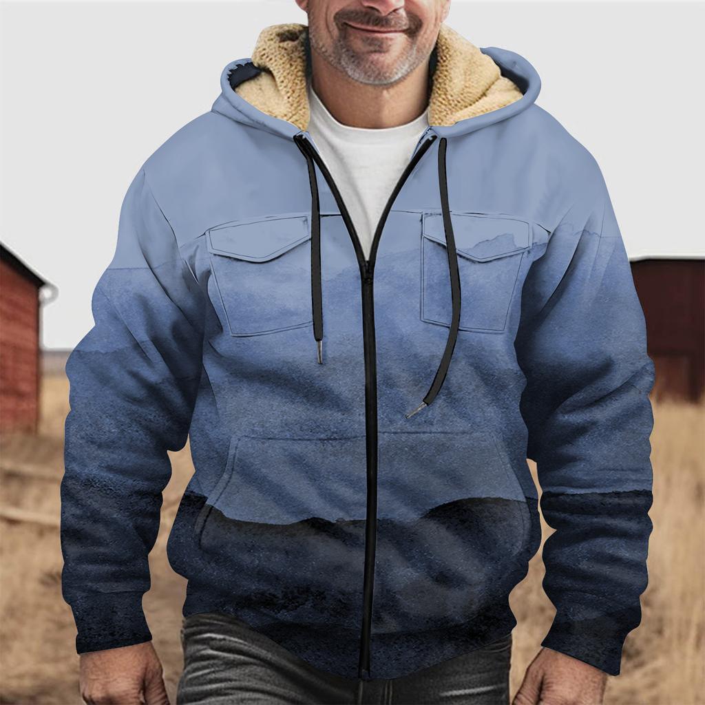 Fleecegenser med hette og hette med glidelås for menn med lapplomme Uformell jakke