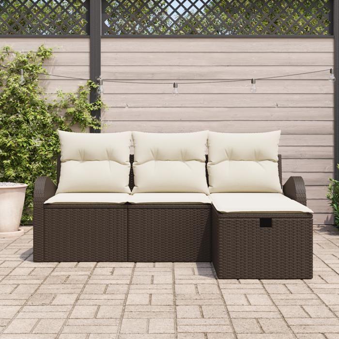 Ensemble de 4 pièces de canapé de jardin avec coussins en rotin poly marron, Canapé de jardin 2 places avec rangement 3360379