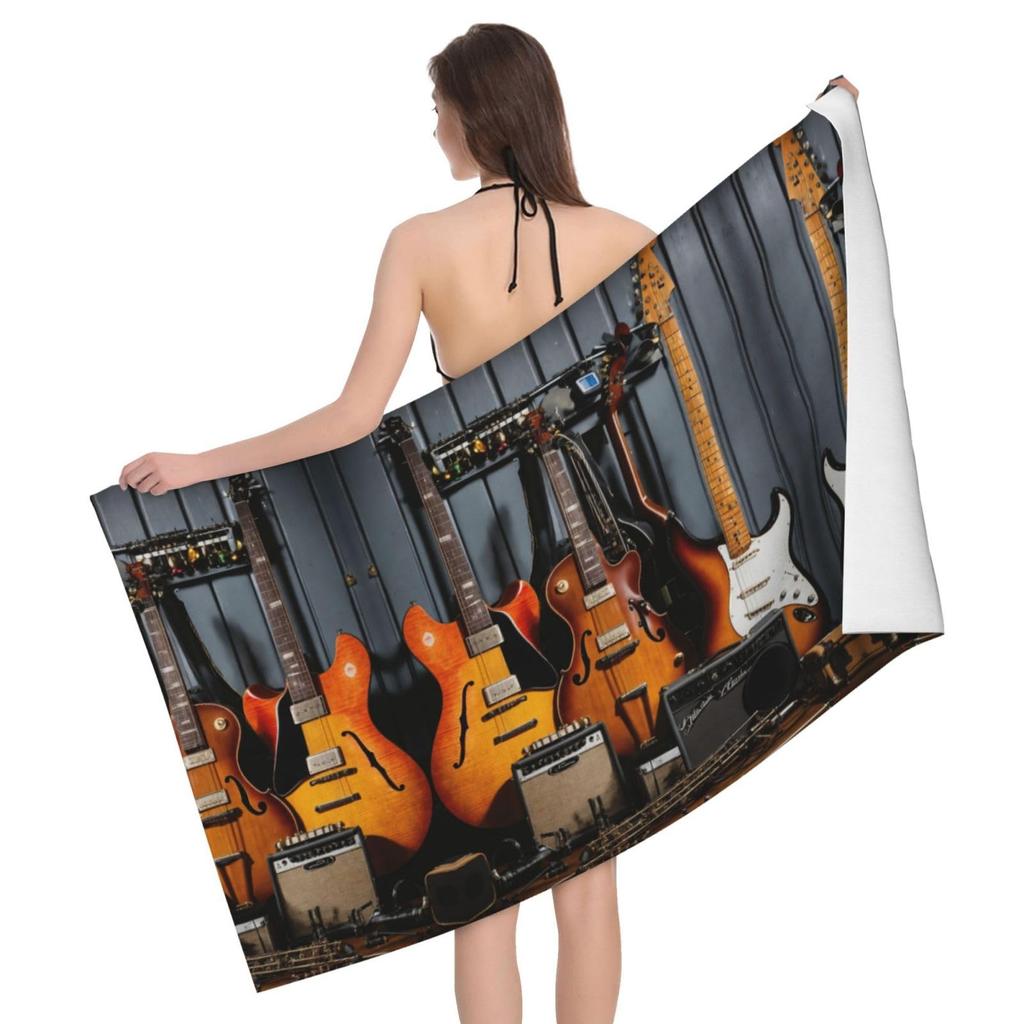 Vintage Guitar Pattern Print Sand Free Beach Towel Quick Dry Absorbent Music Theme Bath Towel for Pool Swimming Bathroom Beach