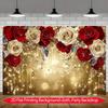 2D Gold Glitter Floral Background, Red White Rose Bokeh for Wedding Birthday Party Decor Banner