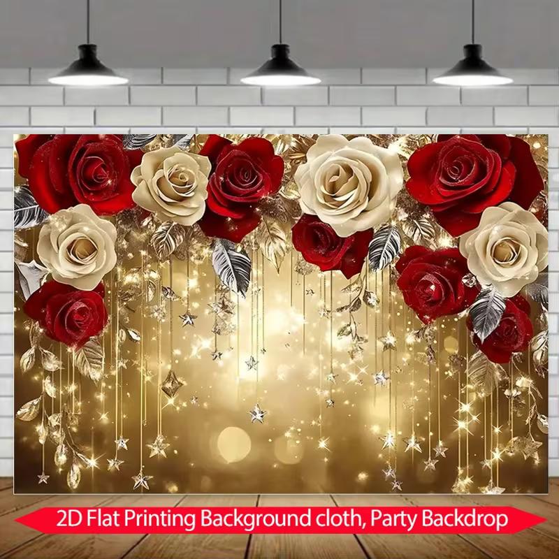 2D Gold Glitter Floral Background, Red White Rose Bokeh for Wedding Birthday Party Decor Banner