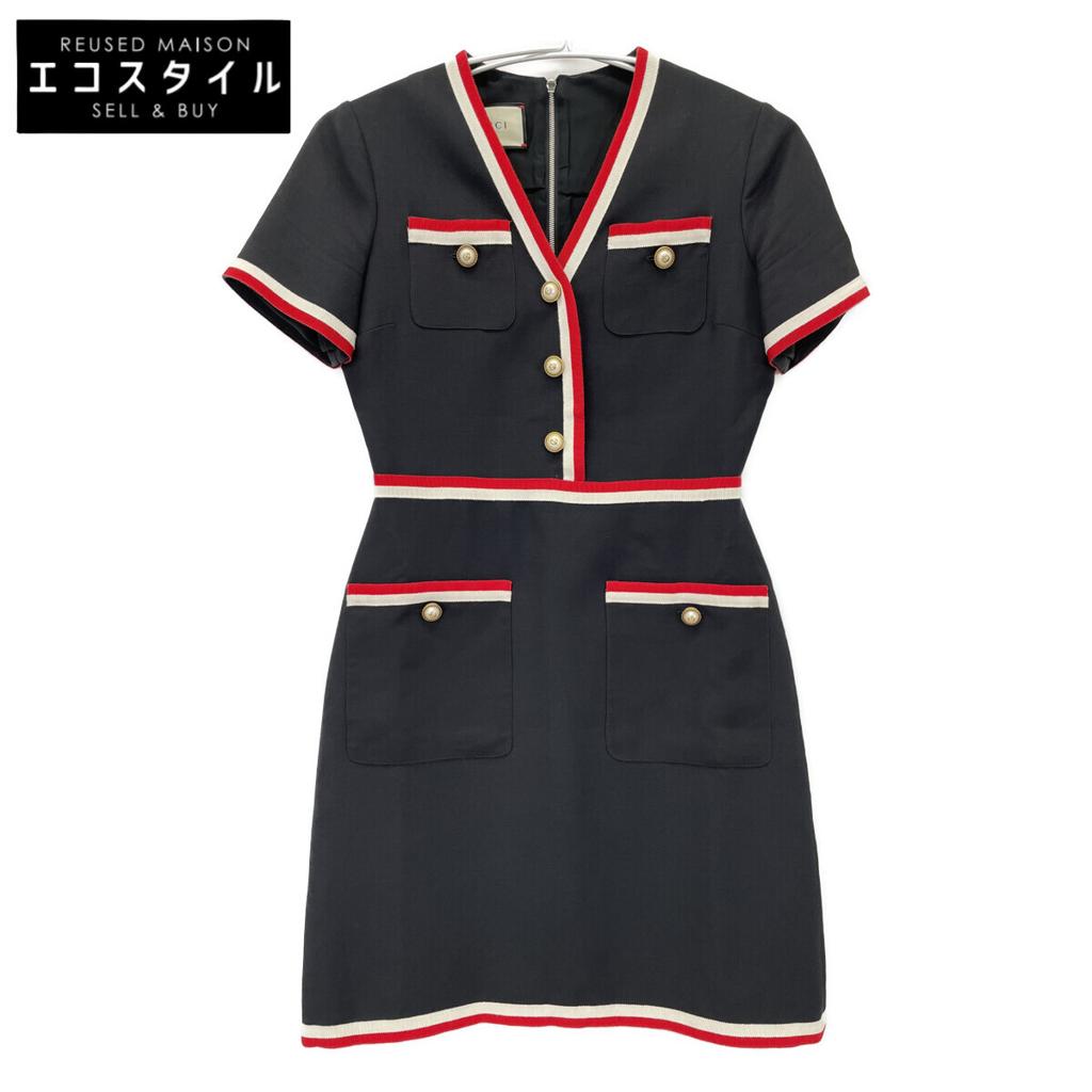 GUCCI 572304 Navy Black Interlocking G Pearl Button Short Sleeve Dress dress 38 blackUsed