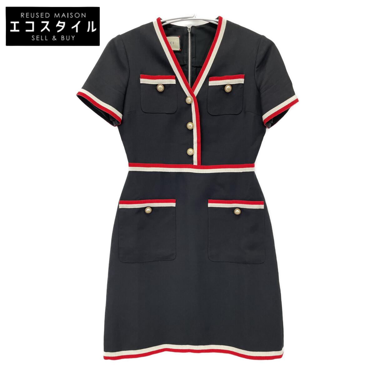 

GUCCI 572304 Navy Black Interlocking G Pearl Button Short Sleeve Dress dress 38 blackUsed