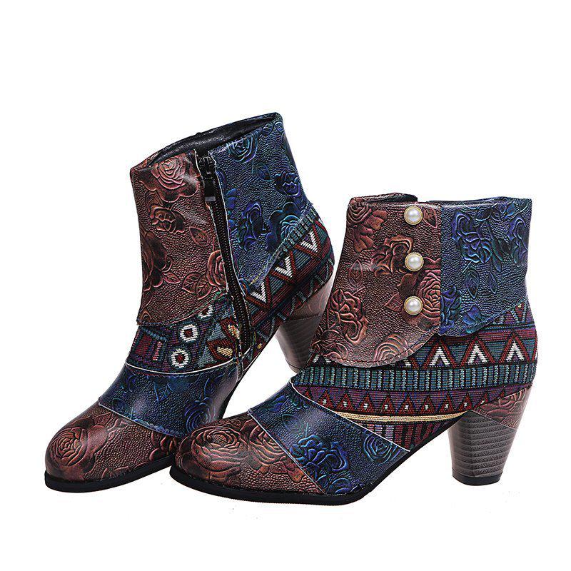 Bohemian Plus Size High Heel Martin Boots - Ethnic Style Patchwork Leather for Women