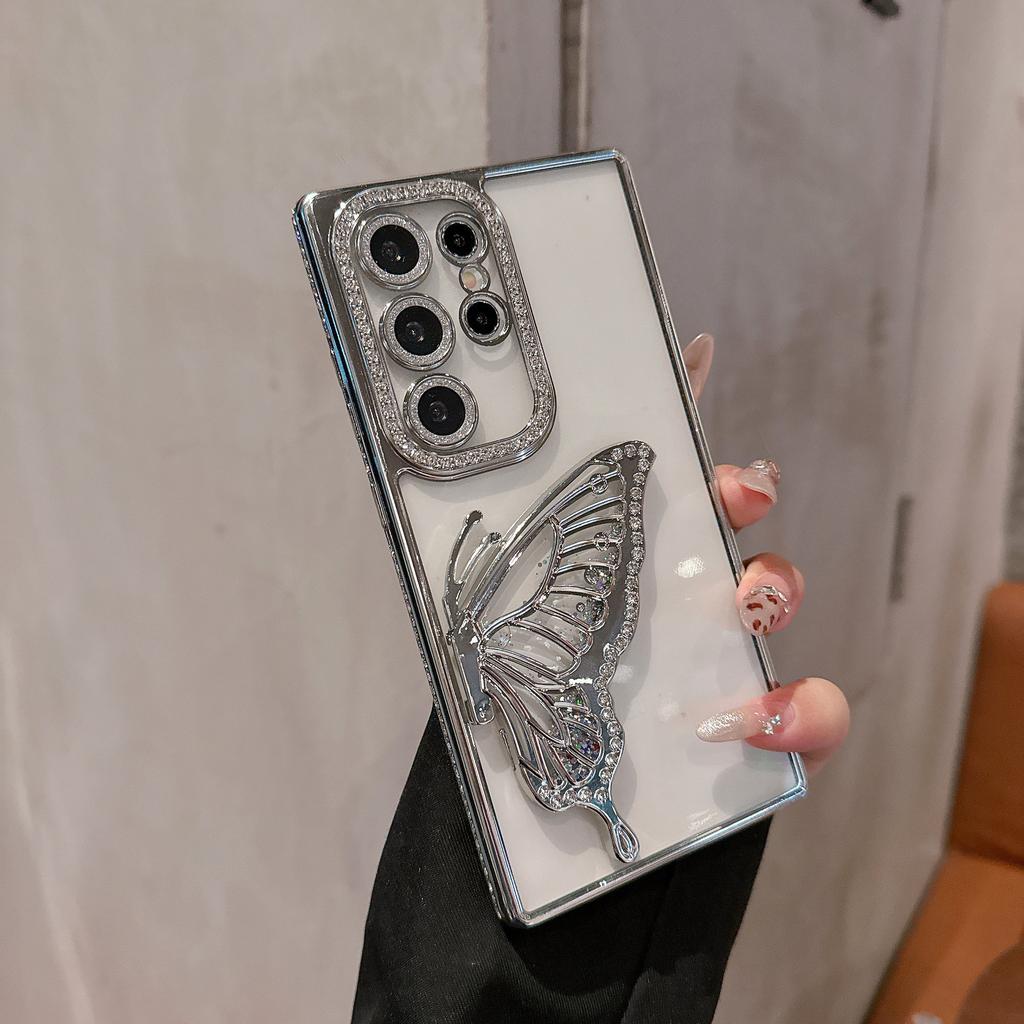 Suitable for Samsung S25ULTRA Electroplated Rhinestone Frame Glitter Butterfly Stand Mobile Phone Case A55 Full Inclusive Lens Film
