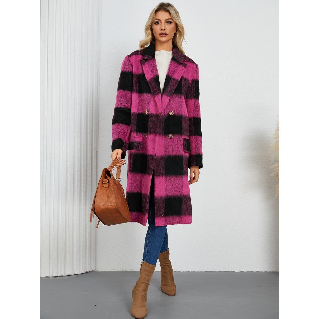 2025 Winter New Long Plaid Double-sided Wool Coat Women's Elegant Lapel Woolen Outerwear for Europe and America