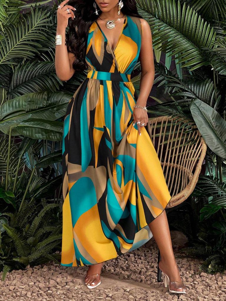 Elegant European & American Women's Sleeveless V-Neck Dress - Sexy, Fashionable, Printed Design 2026