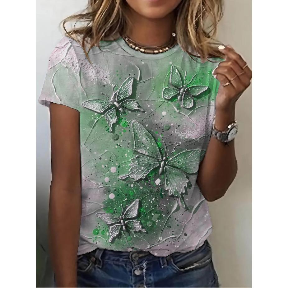 

Футболка с 3D-дизайном бабочки, повседневный топ с коротким рукавом, подходит для весны и лета, женские футболки XS зелёный
