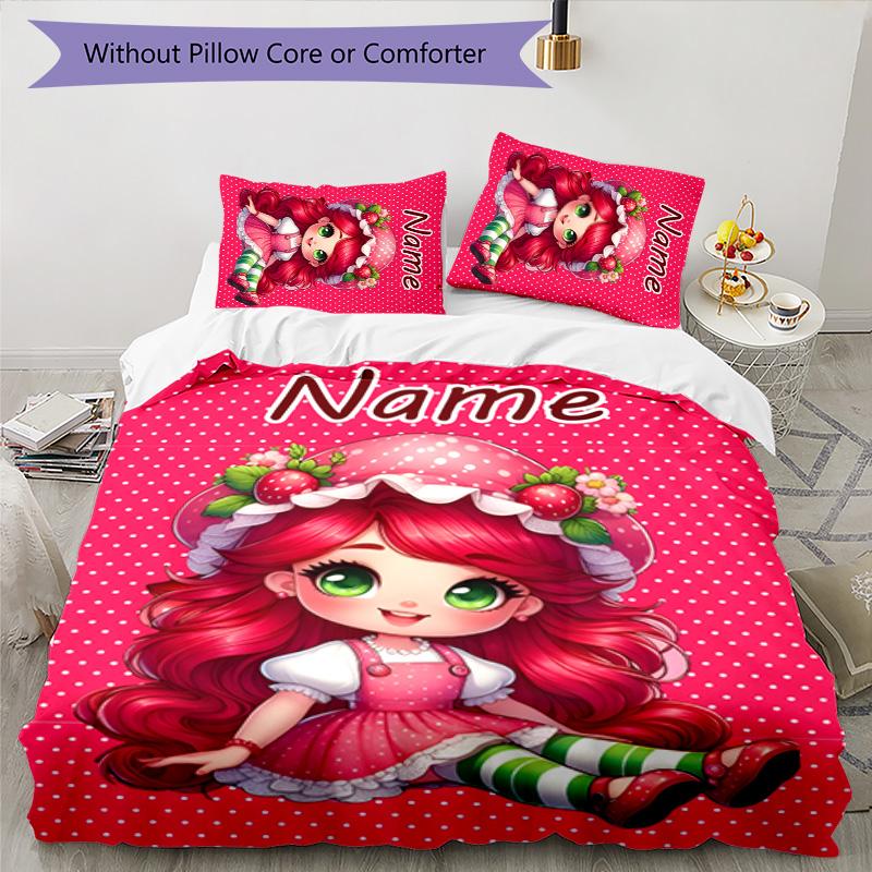 3pcs Strawberry Princess2 Cover Set - Personalized Name, HD Printed Bedding with 1 Cover and 2 Pillowcases - Perfect for Home Decor, Easy Care
