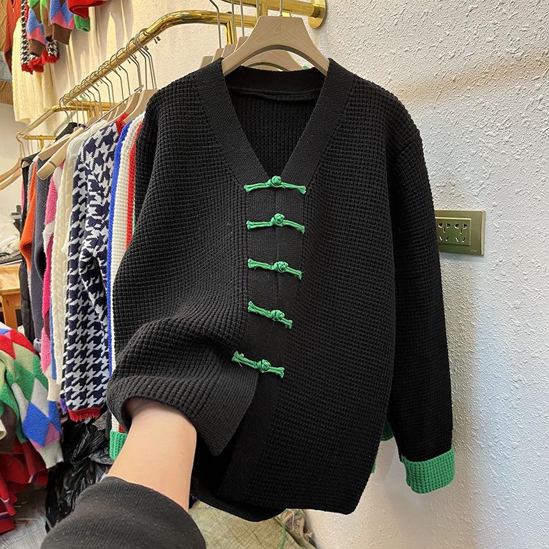 

Свитер женский зимний 2022, свободный вязаный кардиган с пряжкой, длинный рукав, v-образный вырез, свитер One Size чёрный