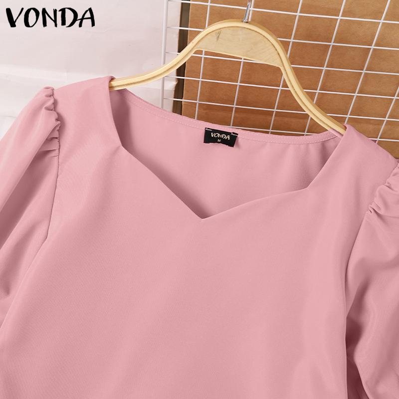 VONDA Summer Women Square V Neck Puff Short Sleeve Soild Color Casual Blouses