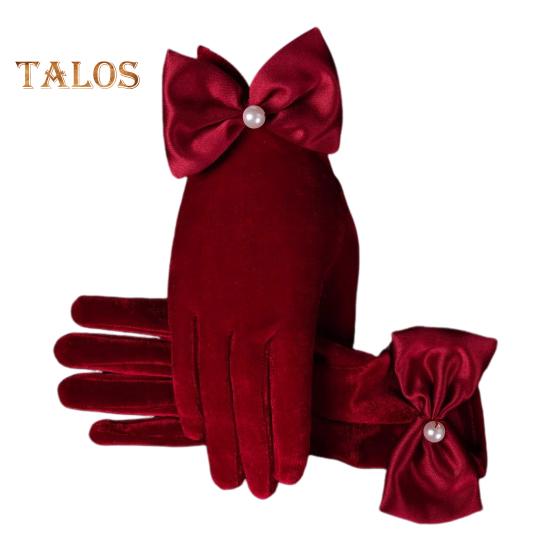 

1 Пара Жіночі Осінньо-Зимові Рукавички Оксамитові П ятипалі Однотонні Рукавички Декор Бантом Товсті Нековзні Теплі Вітрозахисні Випускний Весілля Вечірка Ювелірний Магазин Розпродаж