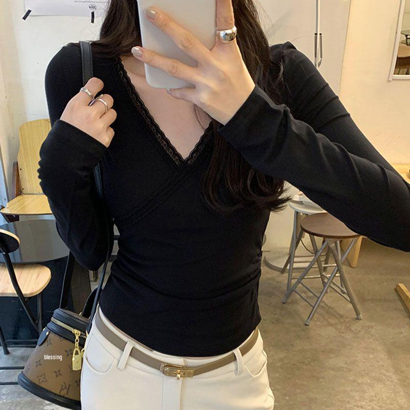 

Autumn/Winter Pure Style Spicy Girl Cropped Long-Sleeve T-shirt for Women - Slimming, Flattering & Versatile Base Layer Top Large чёрный