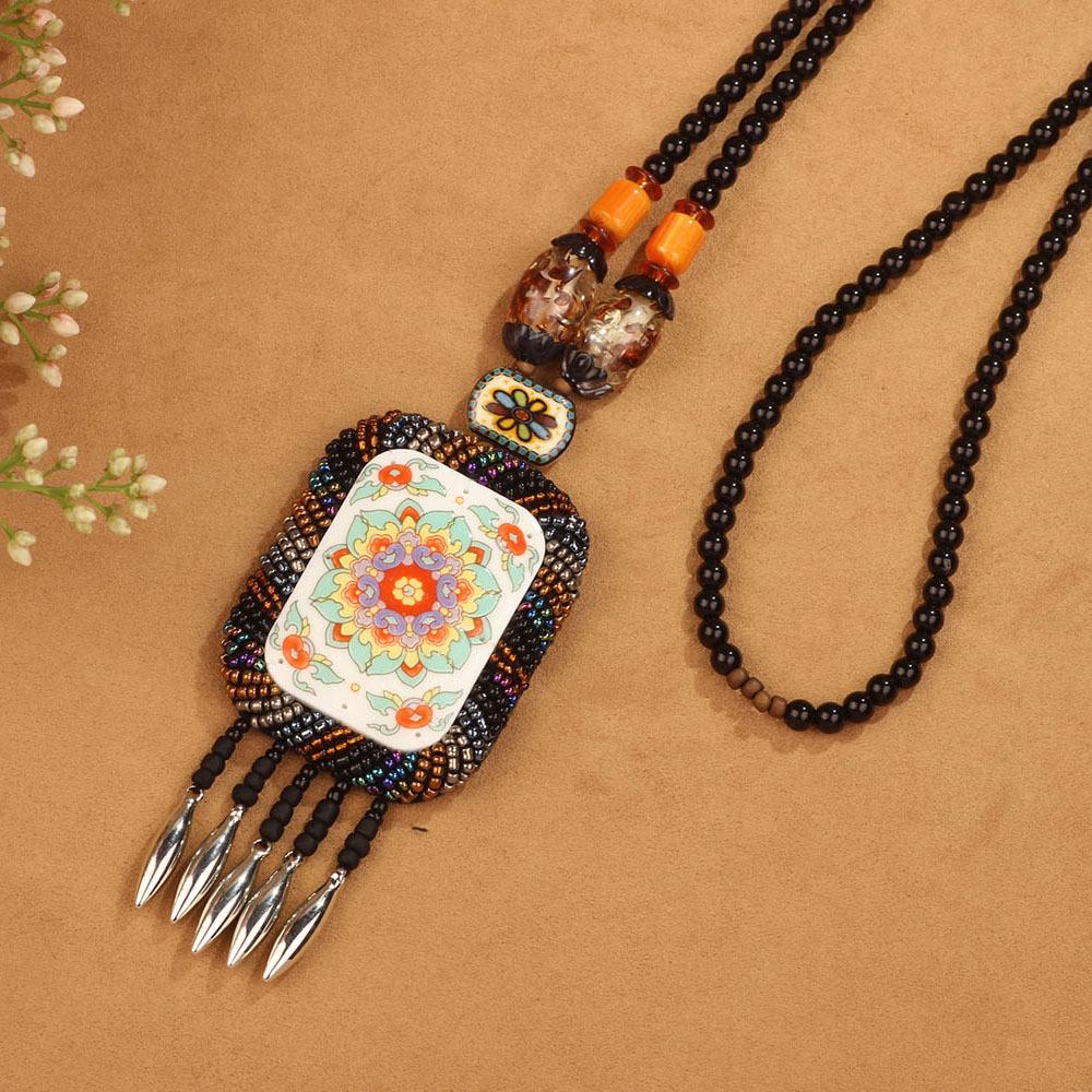 Bohemian Ethnic Long Sweater Chain Necklace for Women, Handmade Woven Retro Tassel Pendant