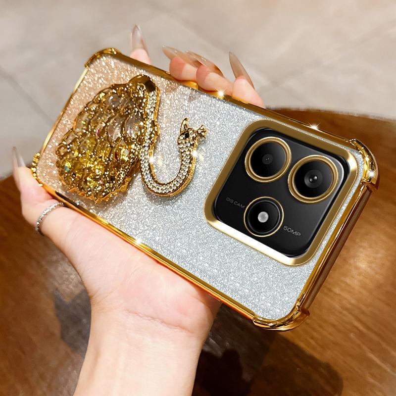 KEYSION Shockproof Plating TPU Phone Case for Remdi Note 14 4G 5G Glitter Jewelled Swan Kickstand Cover for Redmi Note 14