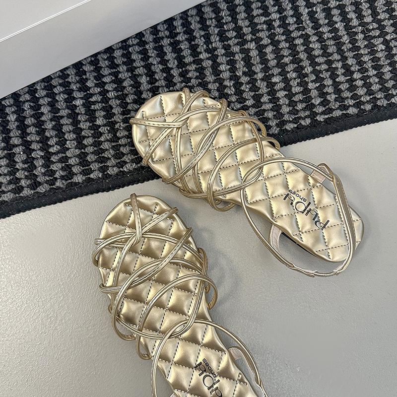 Fashion Woven Thin Strap Gold Flat Roman Sandals Women's Summer 2025 New