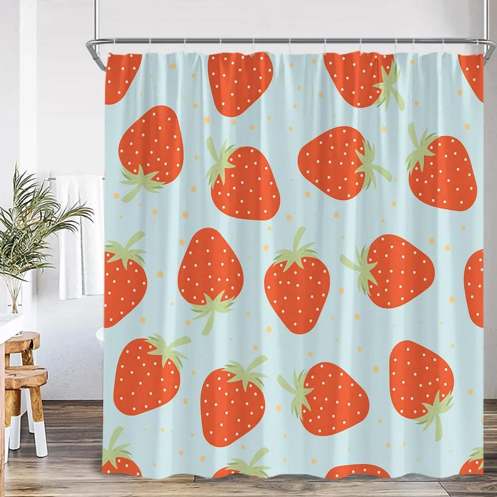 Summer Pink Fruit Shower Curtain Strawberry Cherry Peach Watermelon Shower Curtain Girl Woman Polyester Bathtub Decoration
