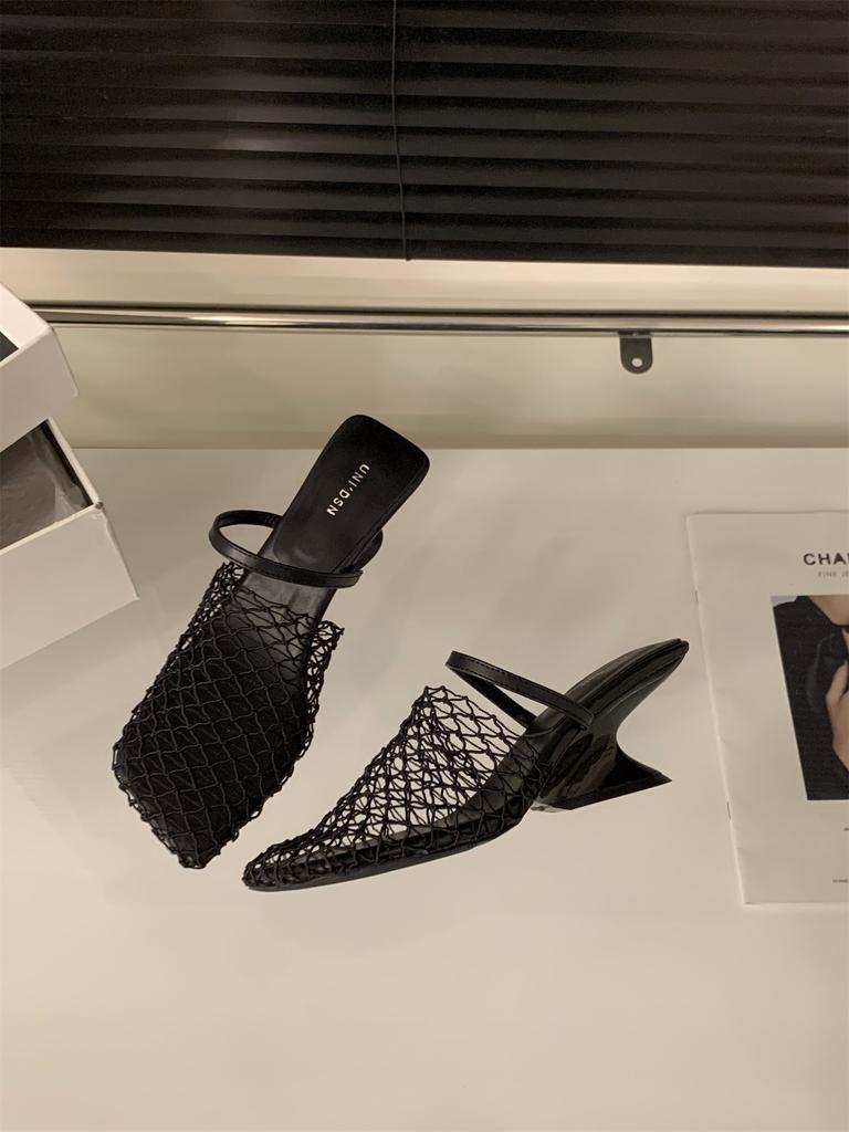 Internet celebrity slope heel mesh bag head half slippers women's shoes wear 2025 new summer breathable sandals
