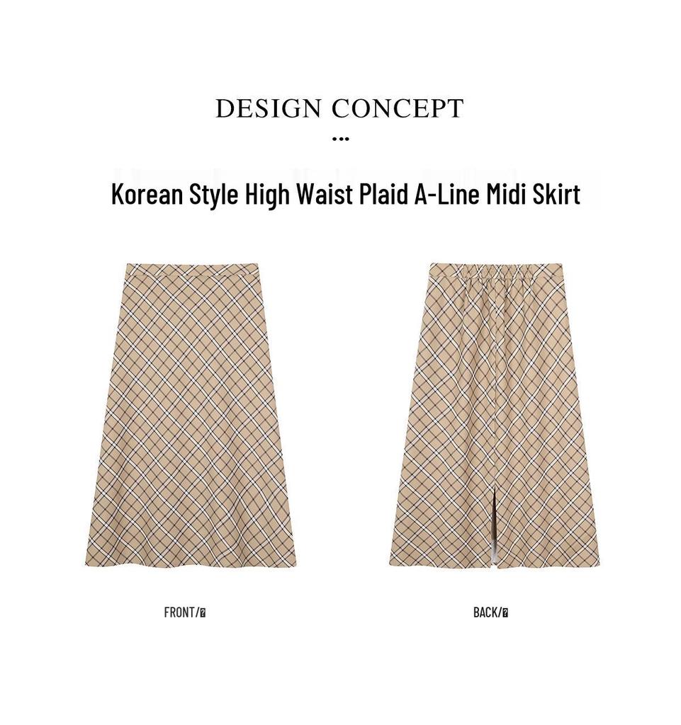 Korean High Waist Plaid A-Line Midi Skirt - Plus Size, Flaw-Slimming Women's Fall Fashion (66070)