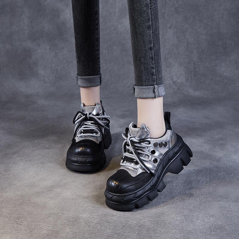 Fashion 7cm Autumn Fashion Spring Punk Luxury Shoes Cow Suede Genuine Leather Round Toe Women Moccasins Gothic