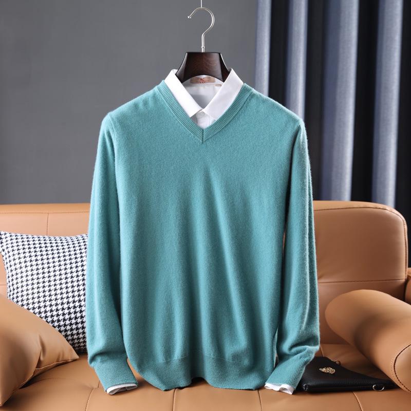 Men's Casual Autumn & Winter 100% Pure Wool V-Neck Loose Knit Sweater