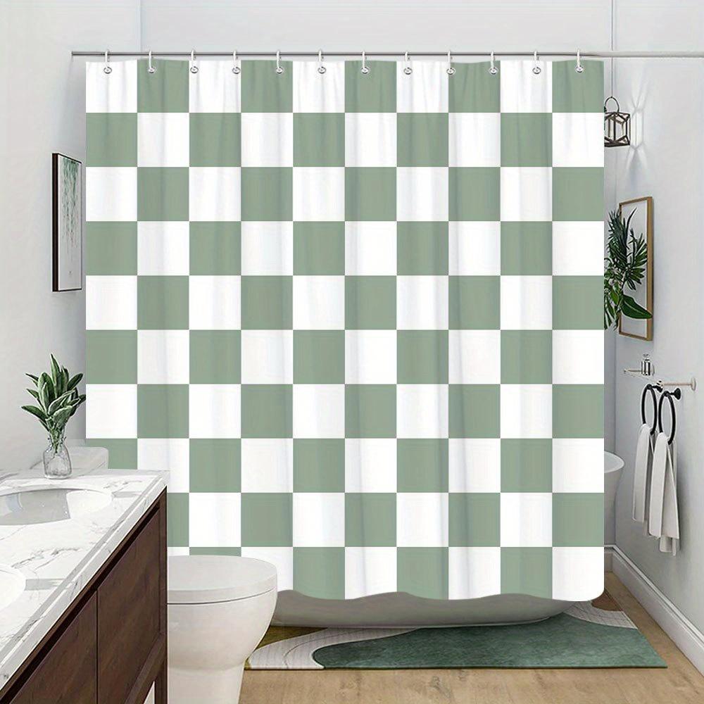 [Muted Green] Shower Curtain 1pc Polyester Classic Grid Design, Includes 12 Hooks Bathroom Decor Modern Minimalist