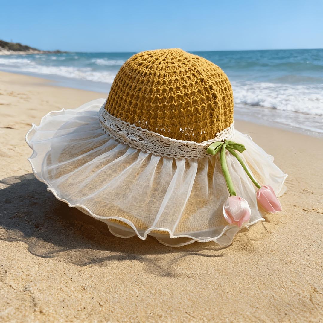 

1Pc Dreamy Mesh Decorated Summer Wide-Brimmed Hat, Women S Sun Hat, Breathable Foldable Wide-Brimmed Beach Hat, Hand Washable - Elegant Women хакі