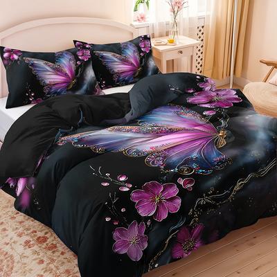 3pcs Butterfly Floral Bedding Set - Elegant Purple Pink Black Golden Duvet Cover Set with Zipper Closure, All-Season