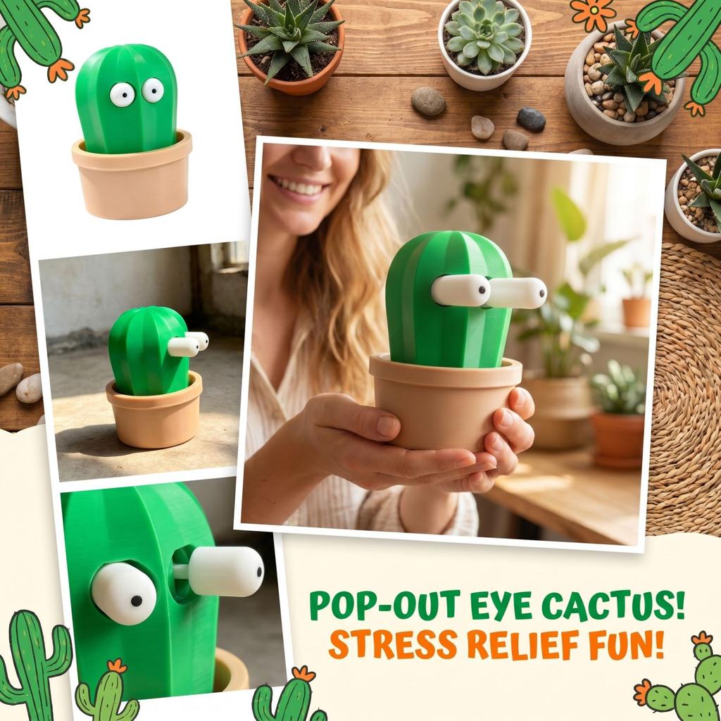 3D Printed Bulging Eye Cactus Statue Squeeze Toy Funny Desktop Ornament Novelty Stress Relief Figurine with Pot Base