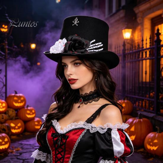 Decorazioni per Festa di Trucco Cappello a Cilindro in Feltro per Adulti Uomini Donne, Steampunk Halloween Cosplay con Copricapo Scheletro Mano e Rosa, Costume Cosplay Gotico Nero,