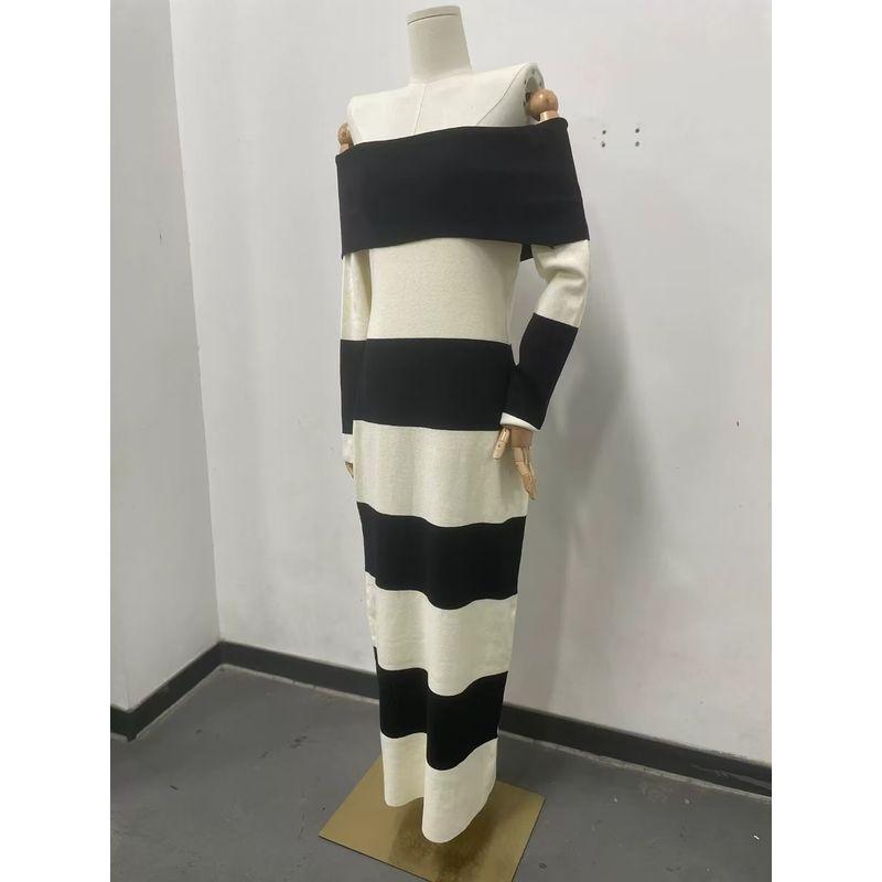 

Fashion Wind New Arrival Fashion Striped Sexy off Shoulder Dress Knitted off Shoulder Dress Black and White XL