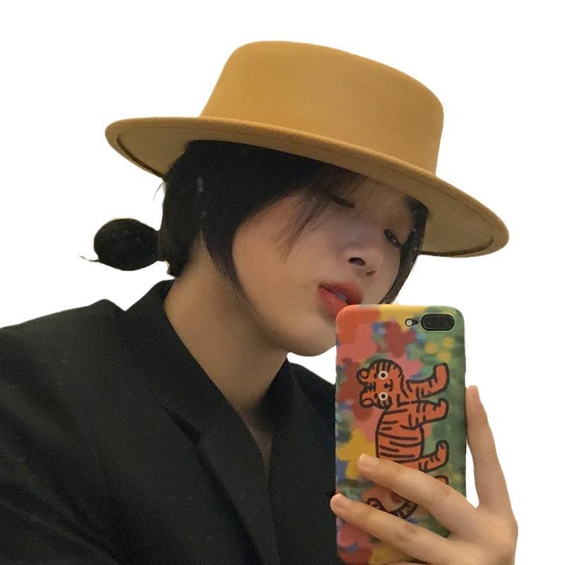 Special For Flat-Top Woolen Top Hat, Large Brim, Versatile Foreign Trade Felt Hat, Women'S French Retro Versatile