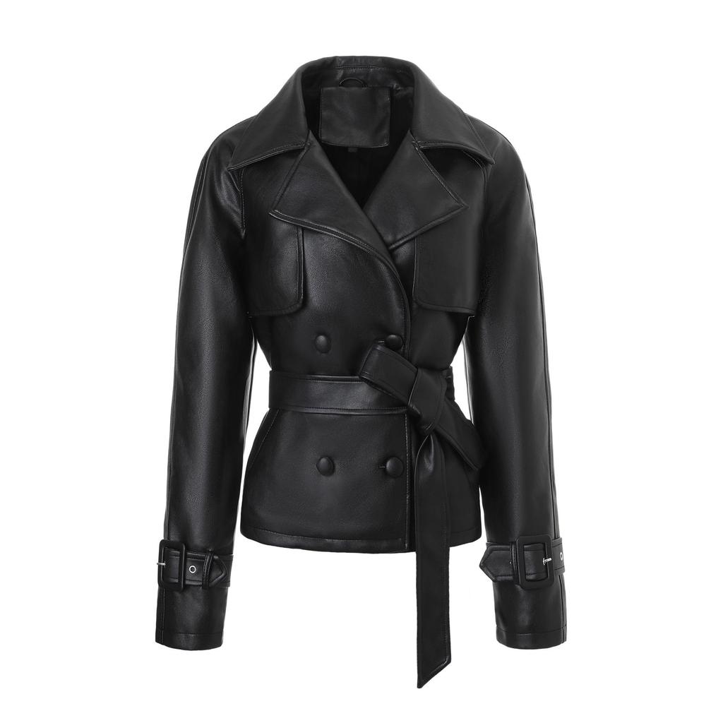 European and American Style PU Leather Motorcycle Jacket with Lapel, Double-breasted Design, Adjustable Waist Belt, for All Seasons