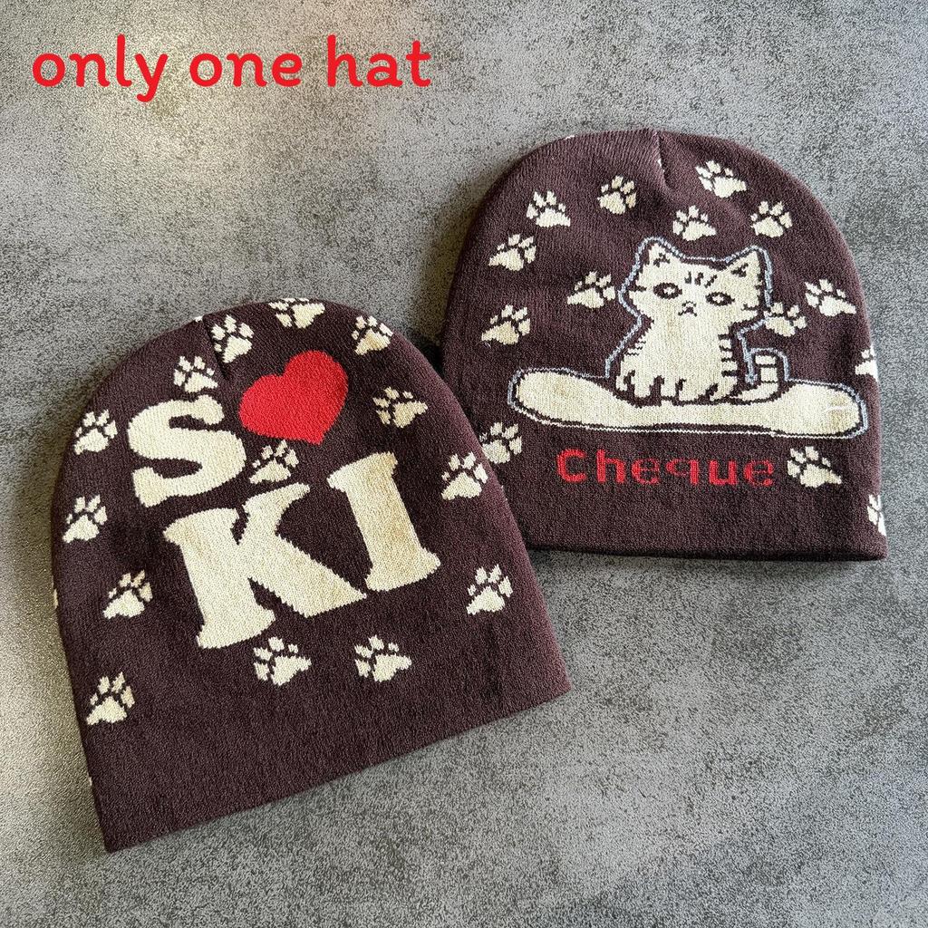 Acrylic Knit Hat With Cat And Letter Jacquard Design For Women Men In Autumn And Winter