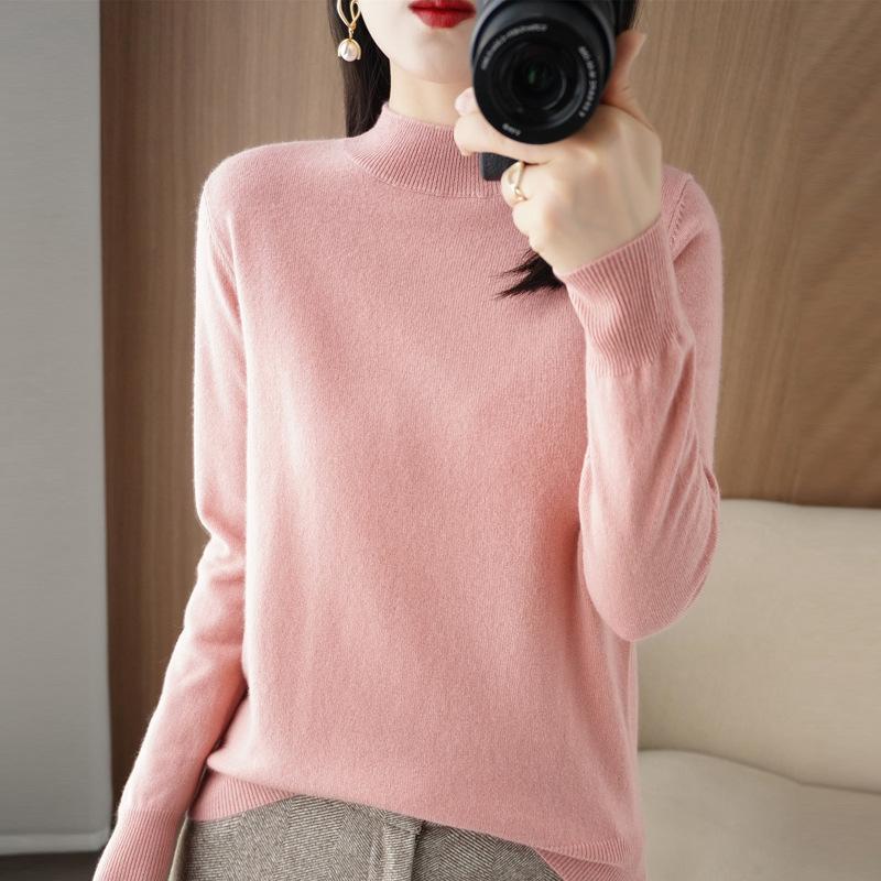 Autumn Winter Sweater Women's Korean Slim Pullover Sweater Half High Neck Knitted Sweater Short Style Solid Color Base Sweater Casual Sweater